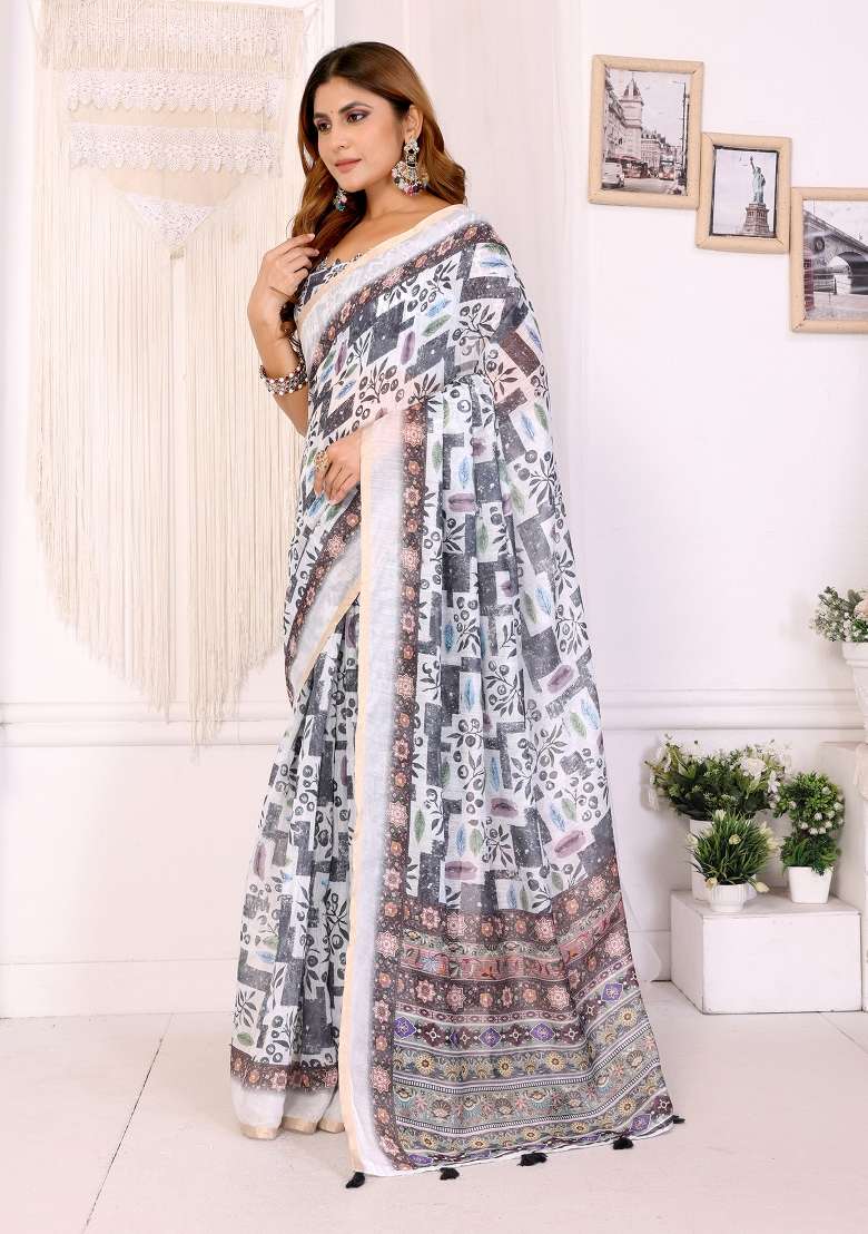 White Printed Chanderi Saree Set - Indya