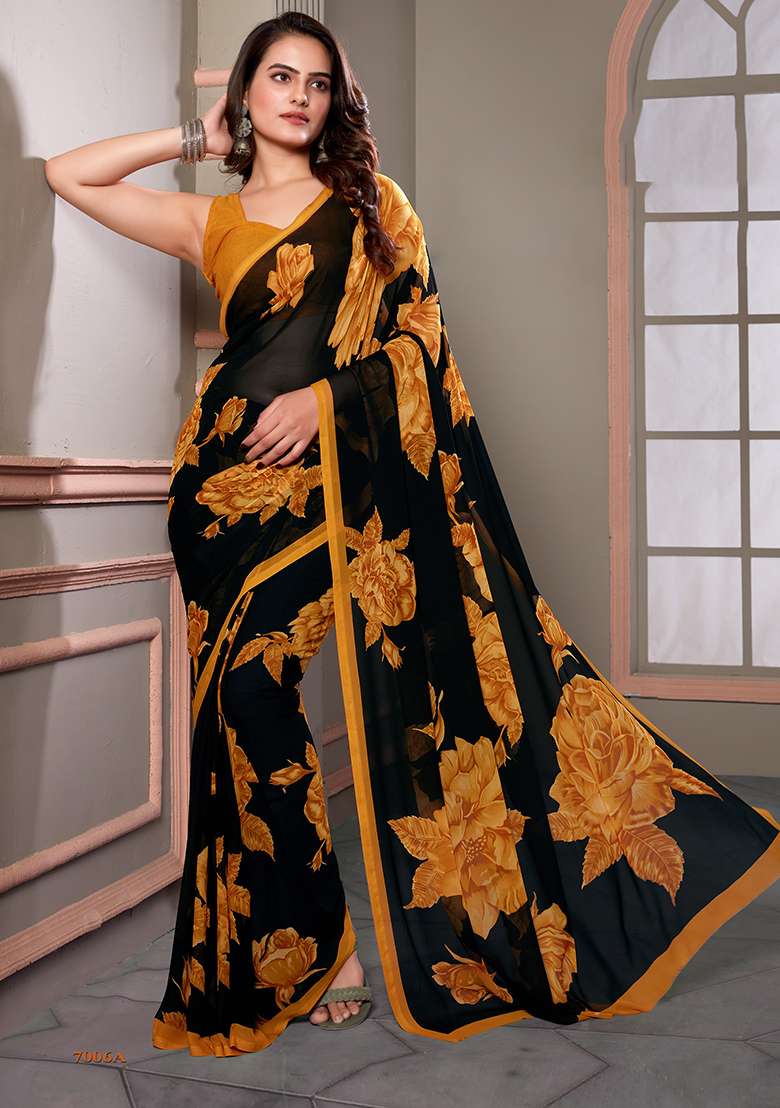Black Printed Georgette Saree Set for Diwali and Festive Wear - Indya