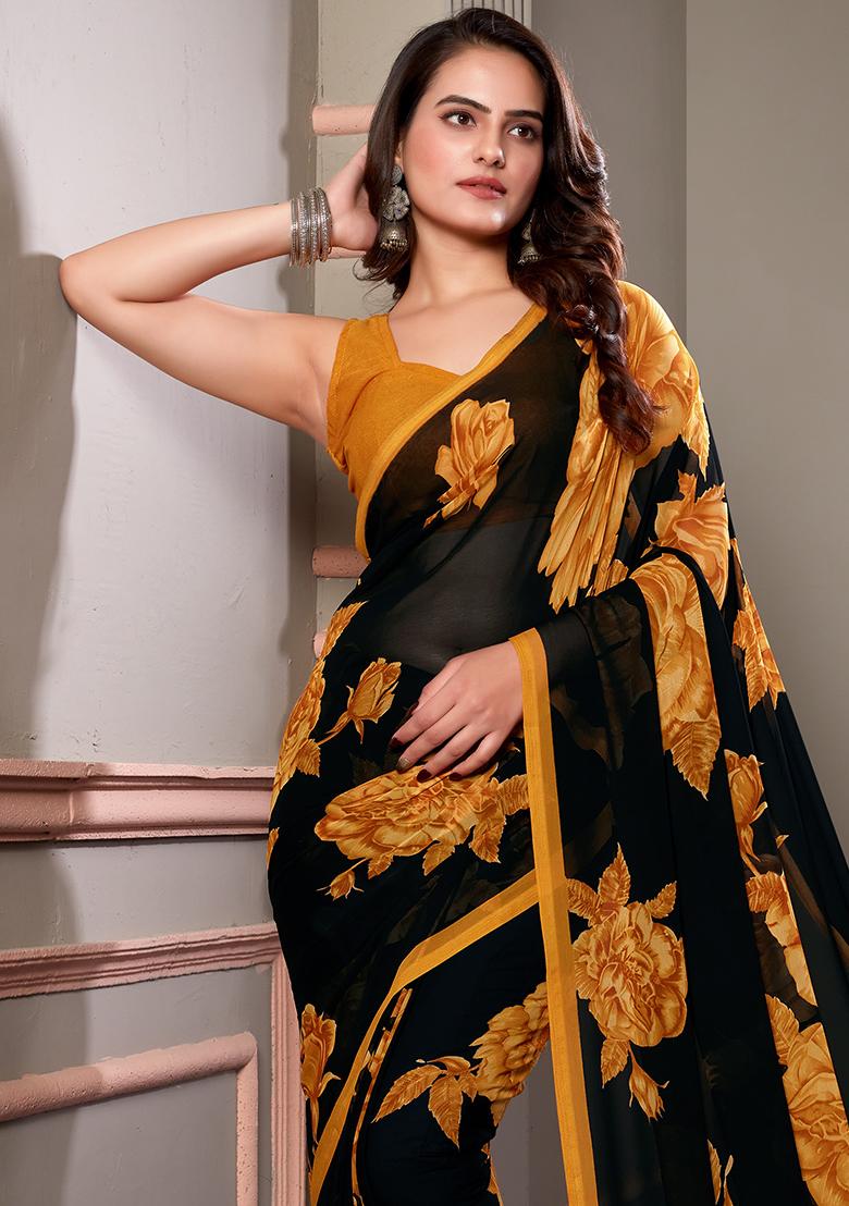 Black Printed Georgette Saree Set - Indya