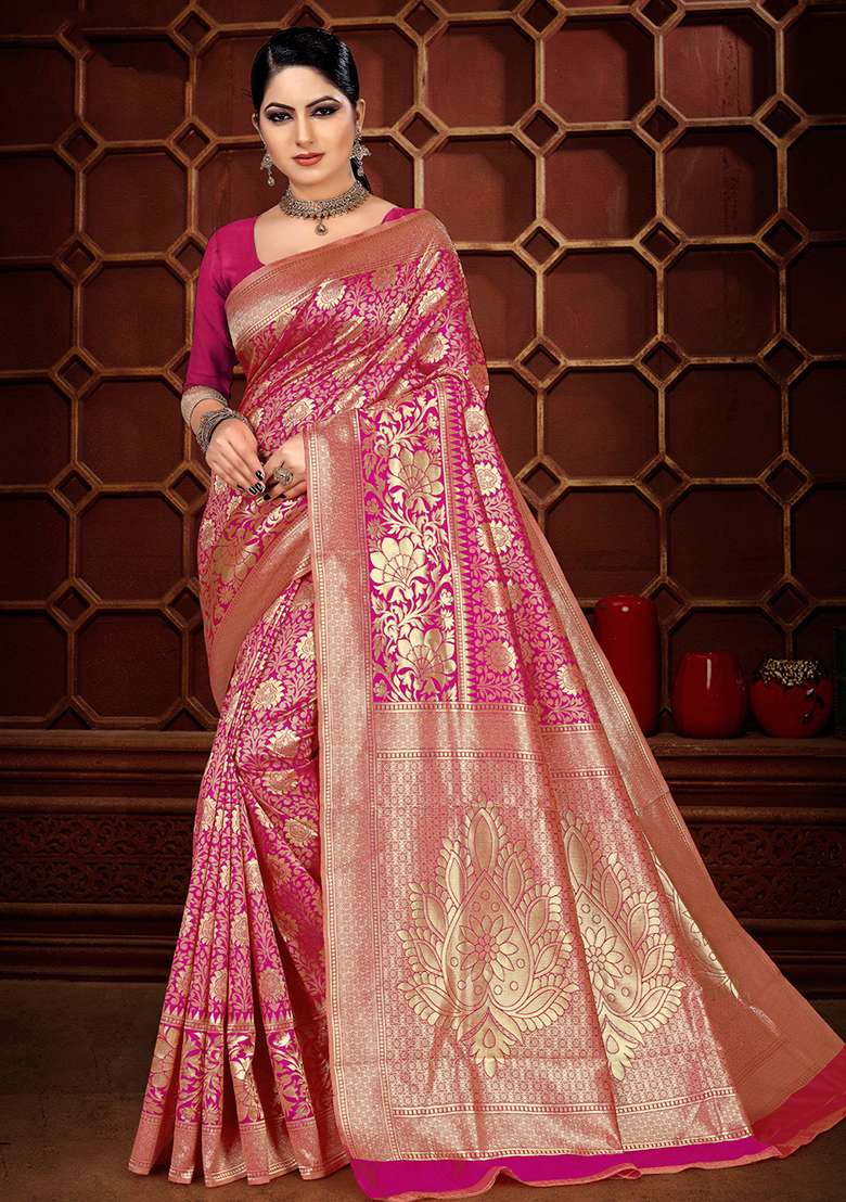 Pink Zari Work Silk Blend Saree Set for Diwali and Festive Wear - Indya