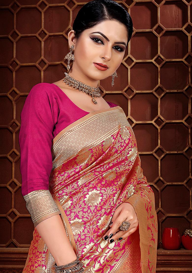 Pink Zari Work Silk Saree Set - Indya