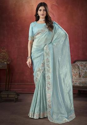Sky Blue Embroidered Silk Saree Set