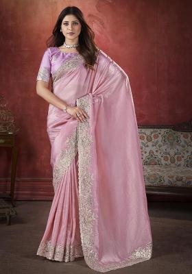 Pink Embroidered Silk Saree Set