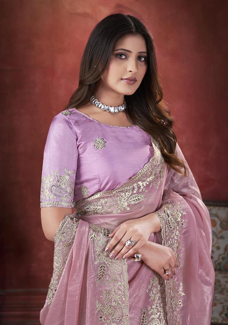Pink Embroidered Silk Saree Set - Indya