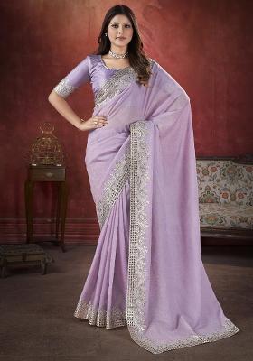 Purple Embroidered Silk Saree Set