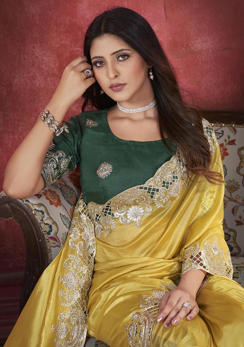 Yellow Embroidered Silk Saree Set - Indya
