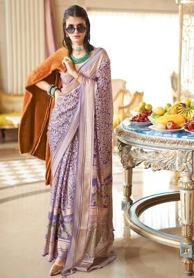 Purple Zari Work Brasso Saree Set