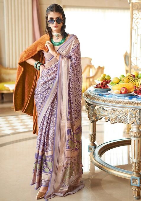 Purple Zari Work Brasso Saree Set