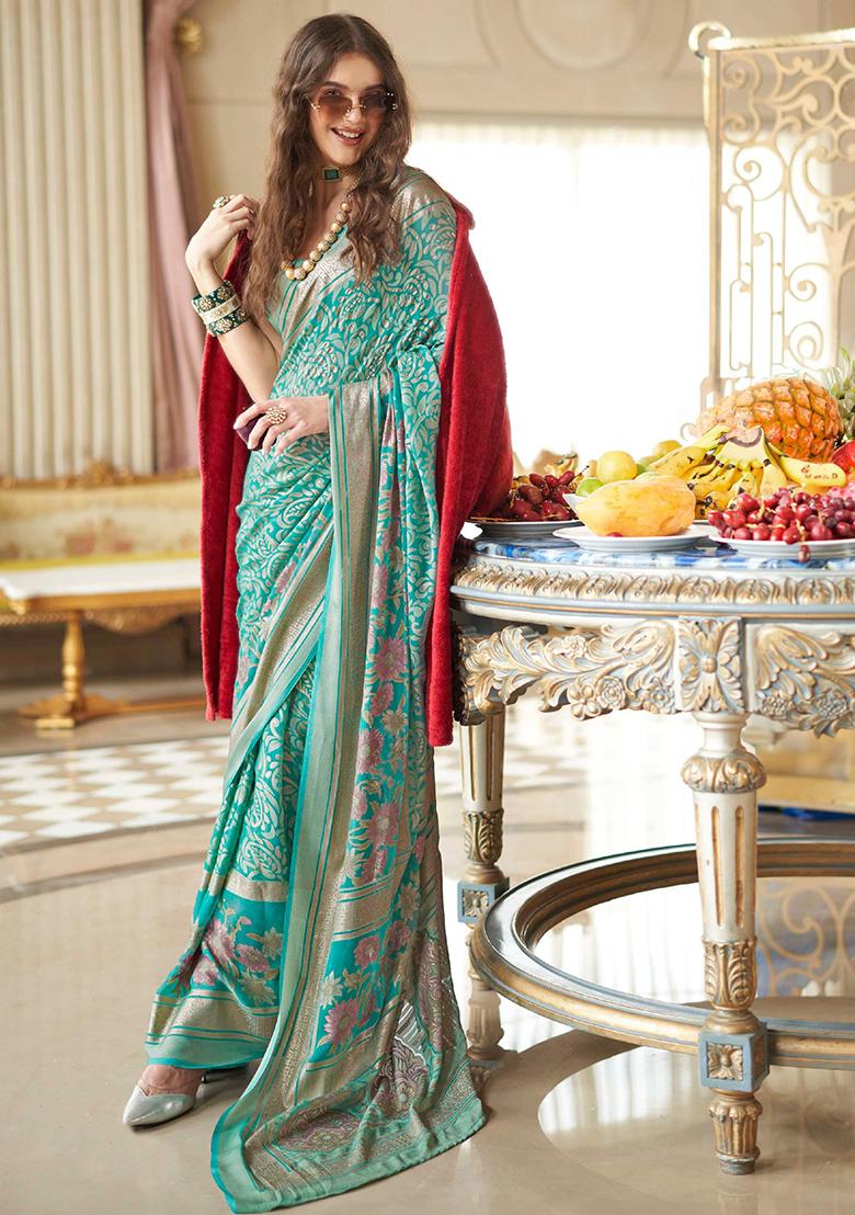 Sky Blue Zari Work Brasso Saree Set