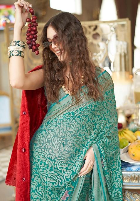 Sky Blue Zari Work Brasso Saree Set