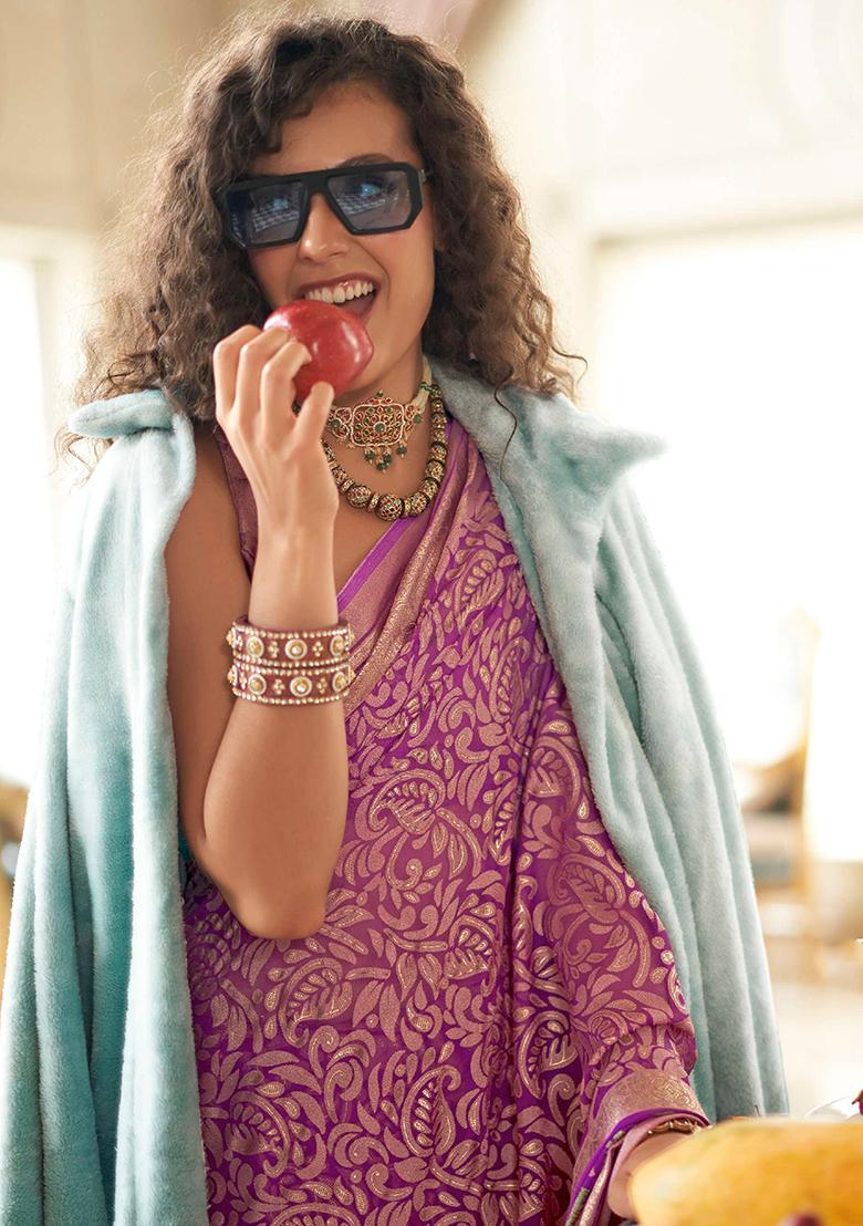 Pink Zari Work Brasso Saree Set - Indya