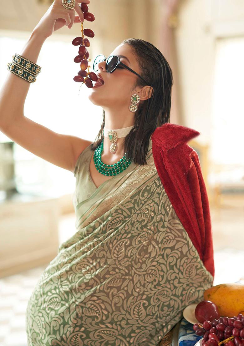 Green Zari Work Brasso Saree Set - Indya