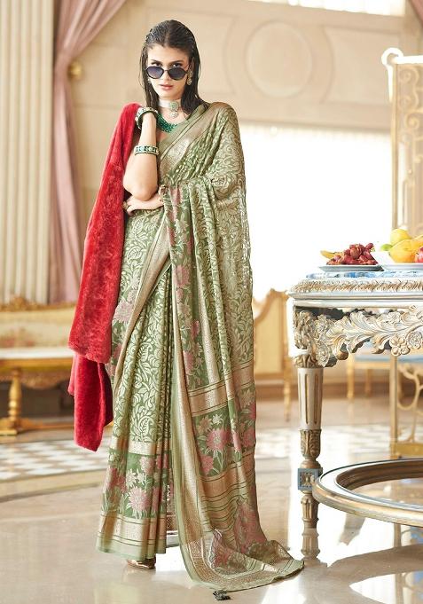 Green Zari Work Brasso Saree Set
