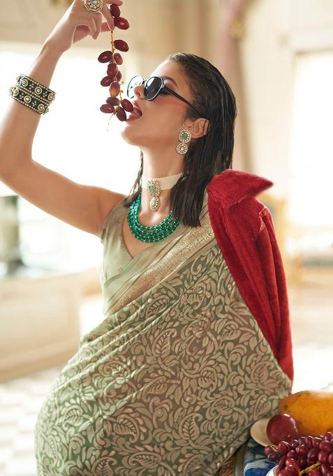 Green Zari Work Brasso Saree Set