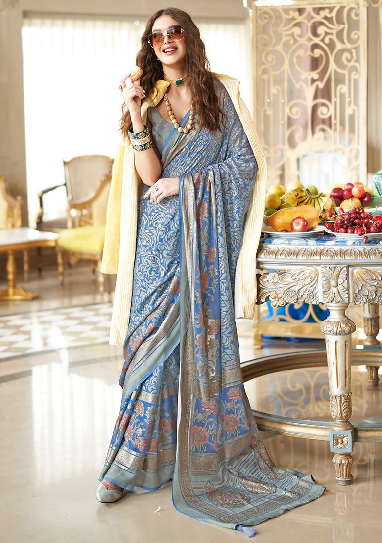 Blue Zari Work Brasso Saree Set