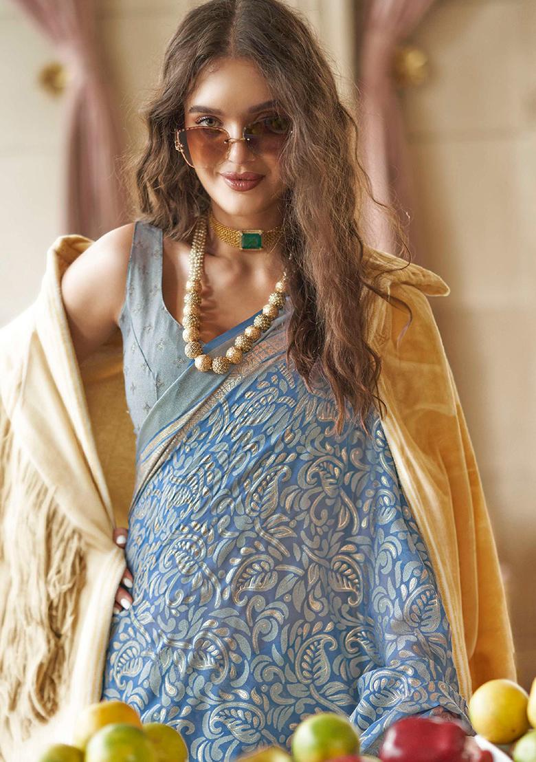 Blue Zari Work Brasso Saree Set - Indya