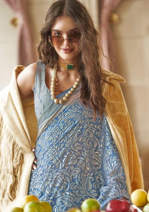 Blue Zari Work Brasso Saree Set