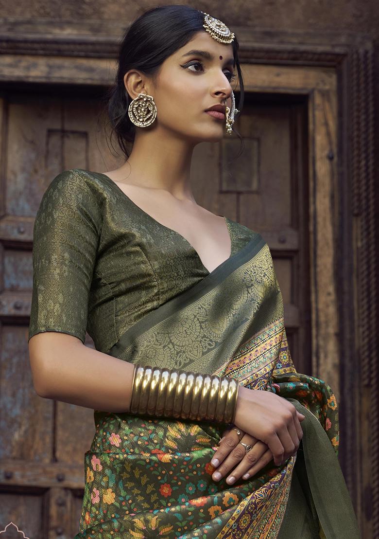 Green Printed Silk Saree Set - Indya