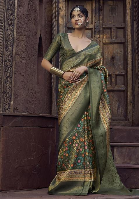 Green Printed Silk Saree Set