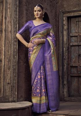 Purple Printed Silk Saree Set