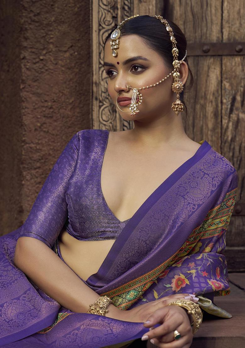 Purple Printed Silk Saree Set - Indya