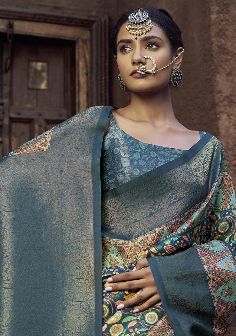 Gray Printed Silk Saree Set - Indya