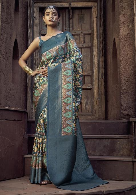 Gray Printed Silk Saree Set