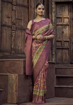 Peach Printed Silk Saree Set