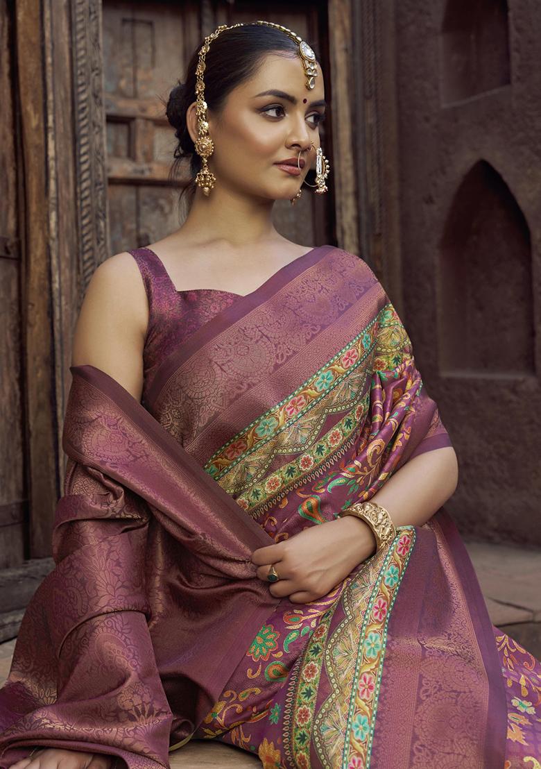 Peach Printed Silk Saree Set - Indya