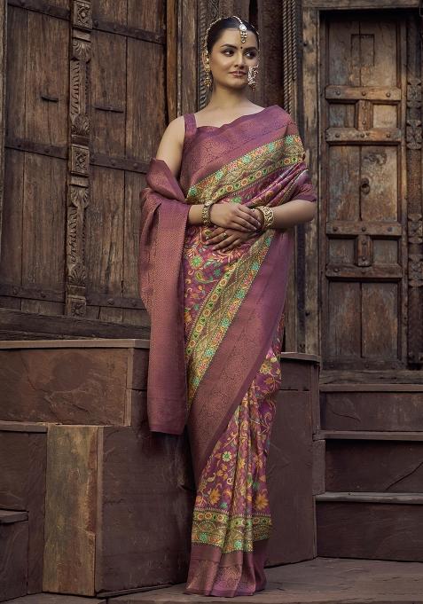 Peach Printed Silk Saree Set