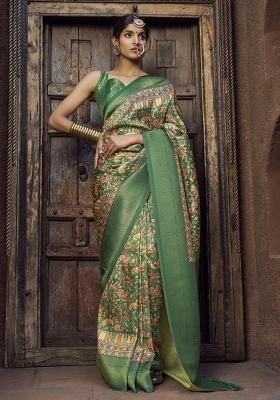 Green Printed Silk Saree Set
