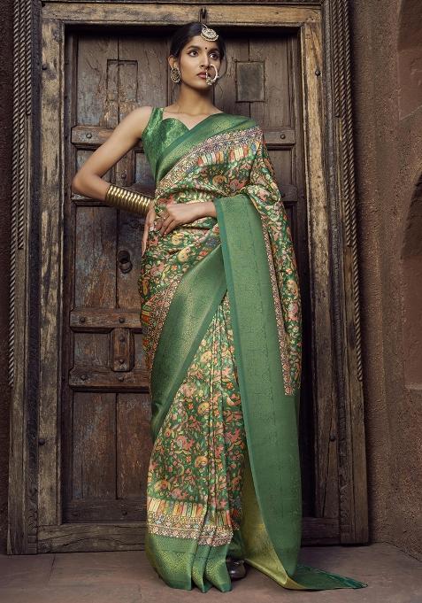 Green Printed Silk Saree Set