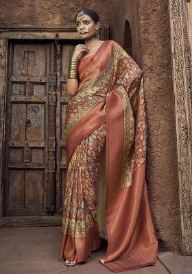 Peach Printed Silk Saree Set