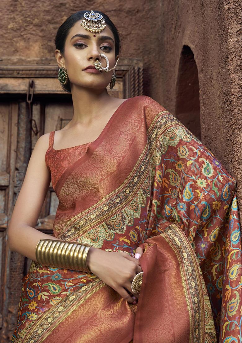 Peach Printed Silk Saree Set - Indya