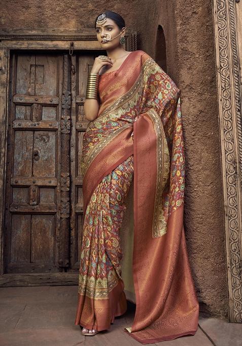 Peach Printed Silk Saree Set