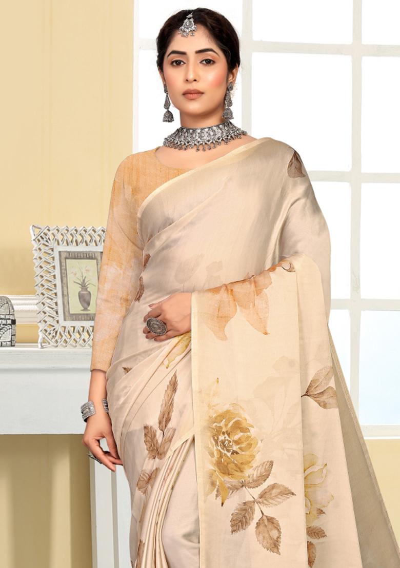 Brown Printed Silk Saree Set - Indya