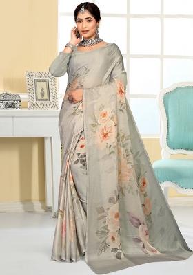 Gray Printed Silk Saree Set