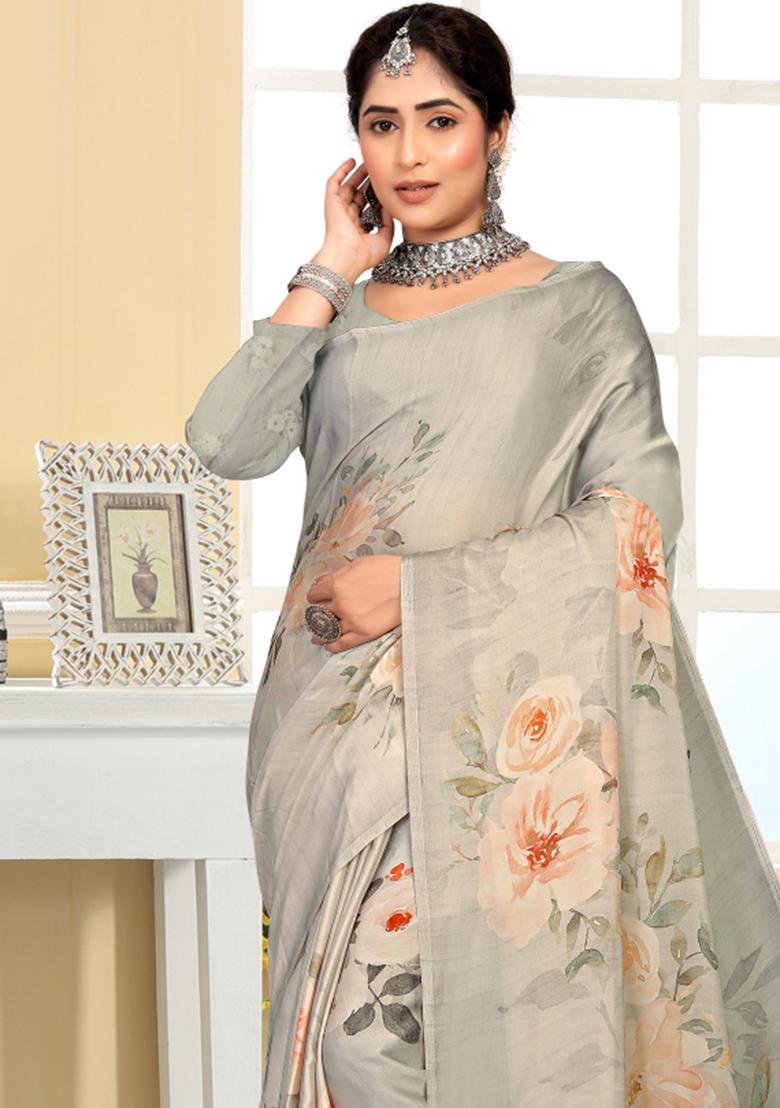 Gray Printed Silk Saree Set - Indya