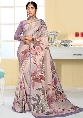 Purple Printed Silk Saree Set