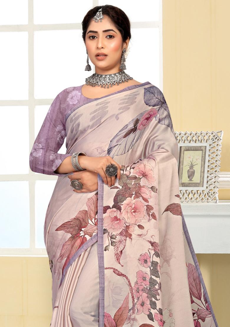 Purple Printed Silk Saree Set - Indya