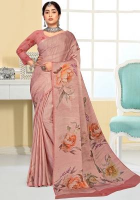 Peach Printed Silk Saree Set