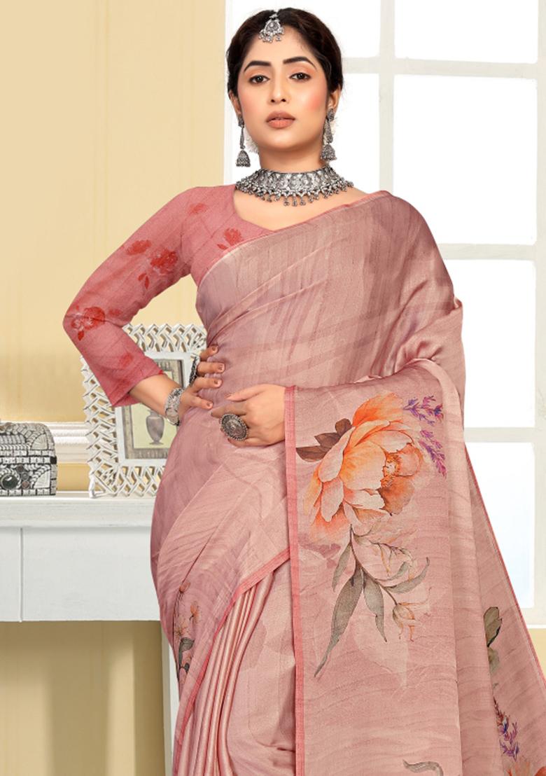 Peach Printed Silk Saree Set - Indya
