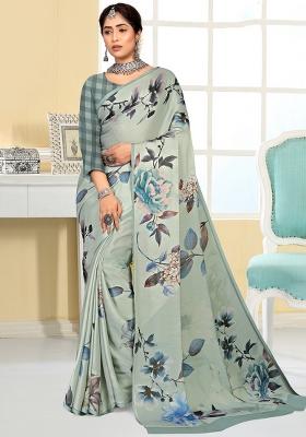 Gray Printed Silk Saree Set