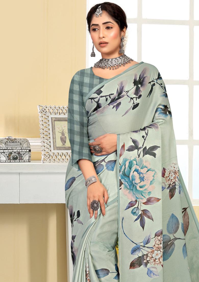 Gray Printed Silk Saree Set - Indya