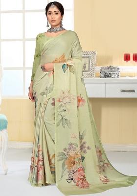 Green Printed Silk Saree Set