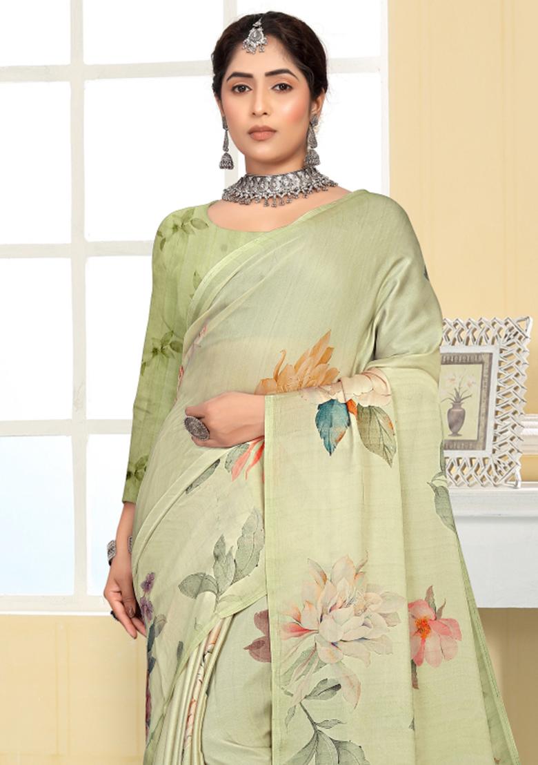 Green Printed Silk Saree Set - Indya