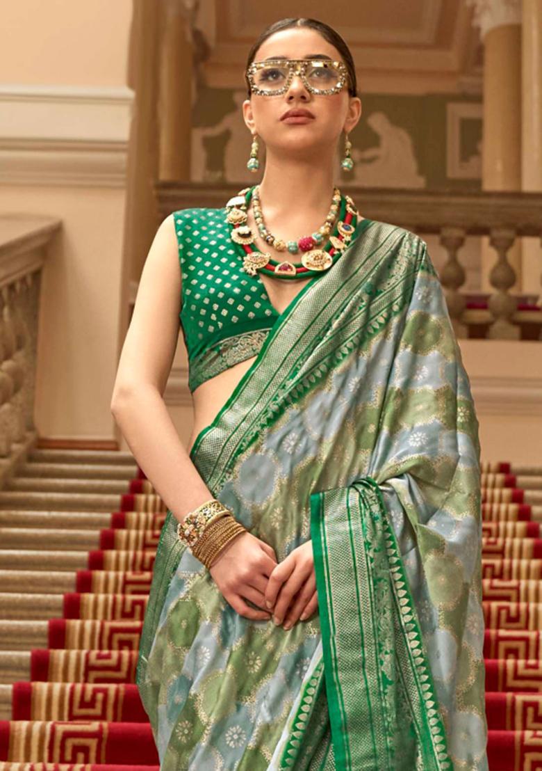 Green Zari Work Silk Saree Set - Indya