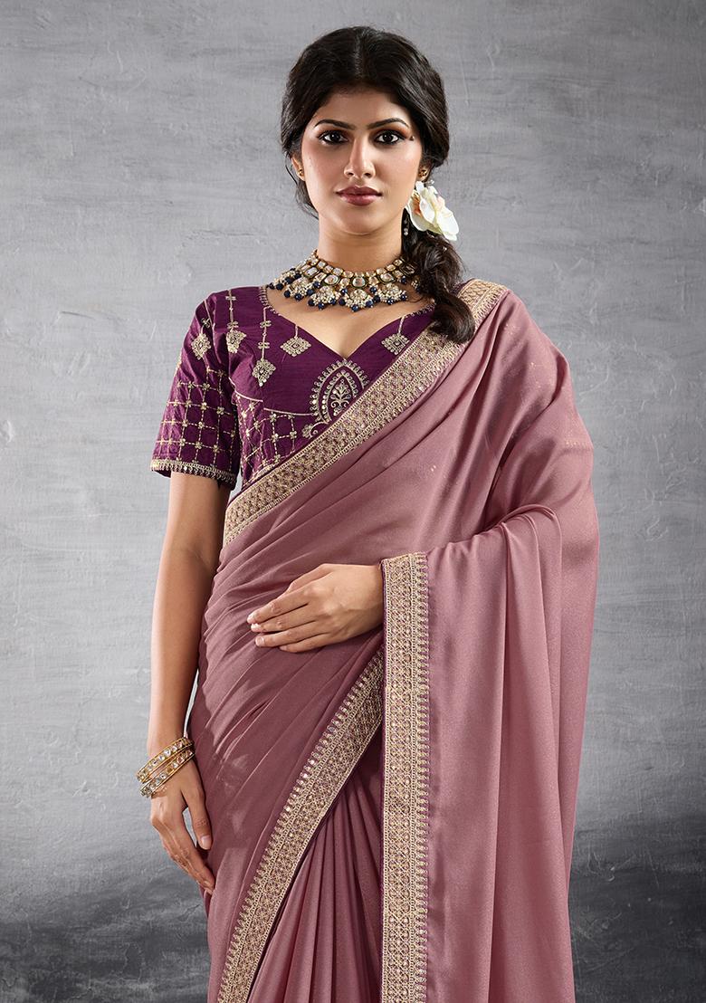 Peach Sequins Work Vichitra Silk Saree Set - Indya