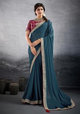 Green Sequins Work Vichitra Silk Saree Set