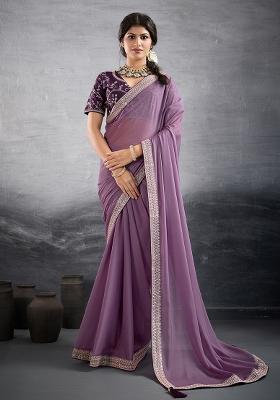 Purple Sequins Work Vichitra Silk Saree Set